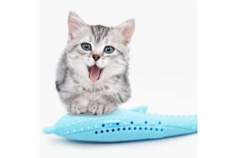 Silicone Fish Type Pet Cat Toothbrush Catnip Bite Clean Molar Toy Stick Deep Sky Blue - Standard