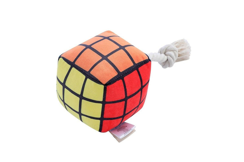 2x Pawsnclaws 11cm Magic Cube Soft Plush Pet Dog Squeaker Chew Toy w Rope Small