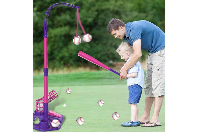 3-in-1 Tee Ball Set for Kids Retractable Baseball Batting Tee Set Pink