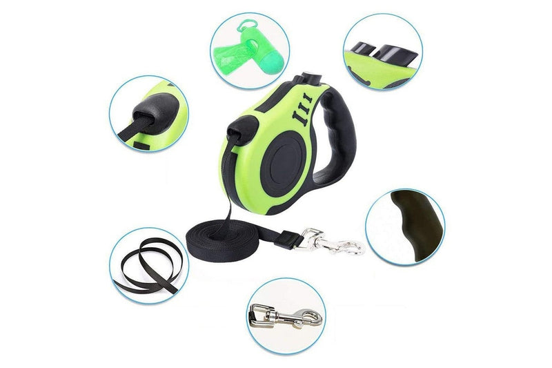 Retractable Dog Leash Extendable 5m With Folding Bowl Dispenser And Waste Bags Green