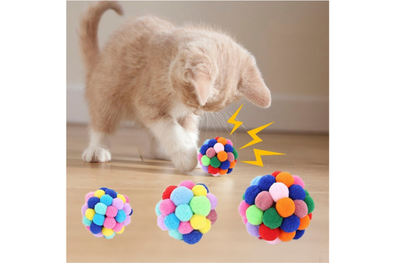 Colourful Plush Bell Bouncy Handmade Pet Ball Dog Cat Toy - Small - Set Of 1