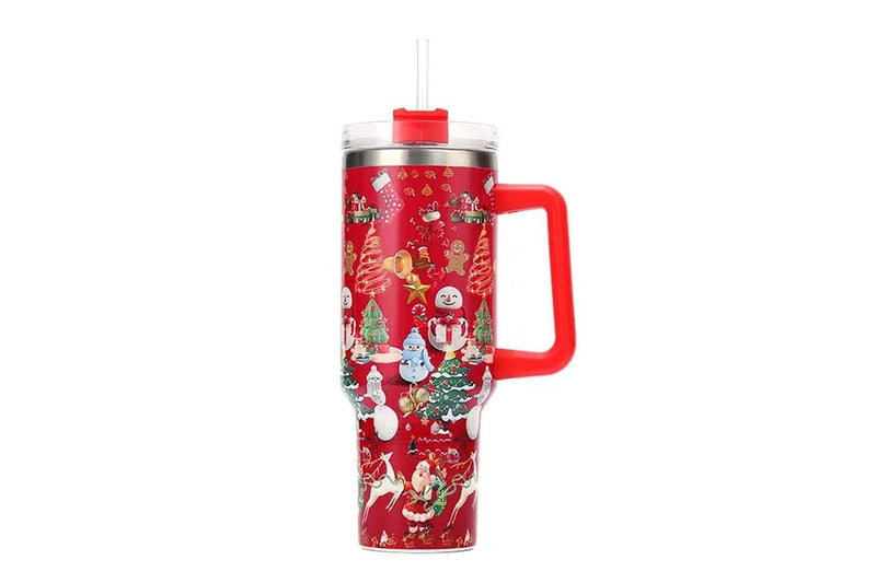 40oz Stainless Steel Christmas Pattern Water Bottle Thermal Mug Travel Tumbler Christmas Gifts Red