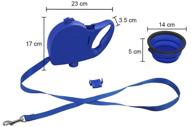 PETSWOL 3-in-1 Dog Leash with Water Bottle & Foldable Bowl - Blue