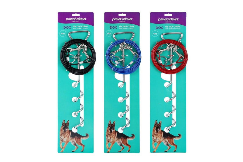 2x Paws & Claws Pet Dog 4m Tie Out Cable w Stake Combo Outdoor Leash Assorted