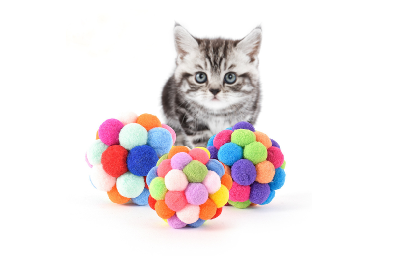 Colourful Plush Bell Bouncy Handmade Pet Ball Dog Cat Toy - Small - Set Of 1