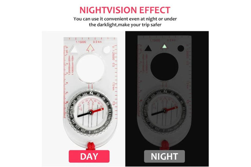 2Pcs Luminous Compass Map Ruler Dial Direction Hunting Waterproof Transparent Outdoor Tool Military Portable Camping Refined - Standard