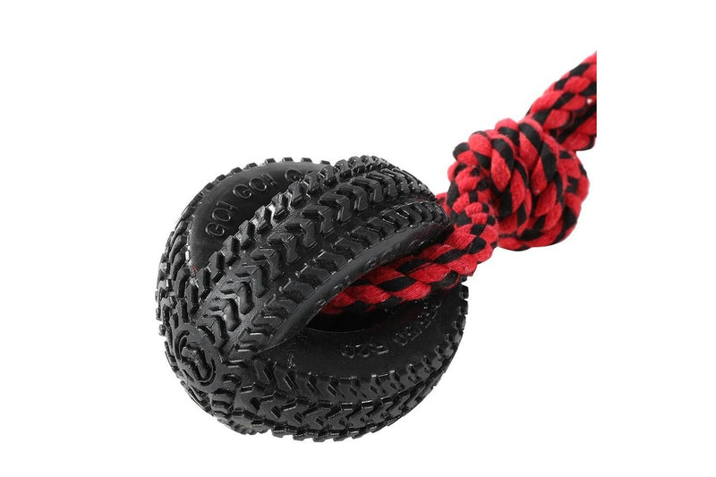 2x Paws & Claws Pet Dog 4-Way TPR 50cm Tyre Knotted Rope Tugger Toy Black Red