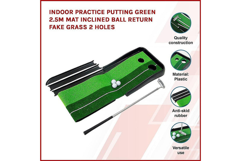 Indoor Practice Putting Green 2.5M Mat Inclined Ball Return Fake Grass Holes