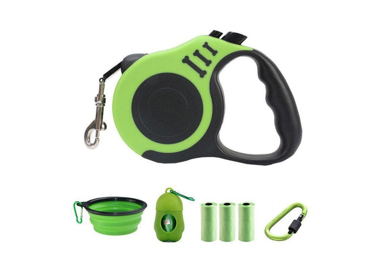 Retractable Dog Leash Extendable 5m With Folding Bowl Dispenser And Waste Bags Green