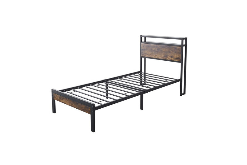 Fraser Country Single Metal Bed Frame with Wooden Rustic Brown Headboard & Footboard - Black