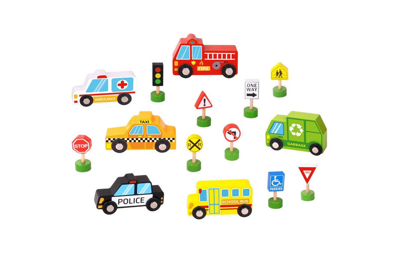 16pc Tooky Toy Wooden Transportation & Street Sign Vehicles 3y+ Kids Toddler