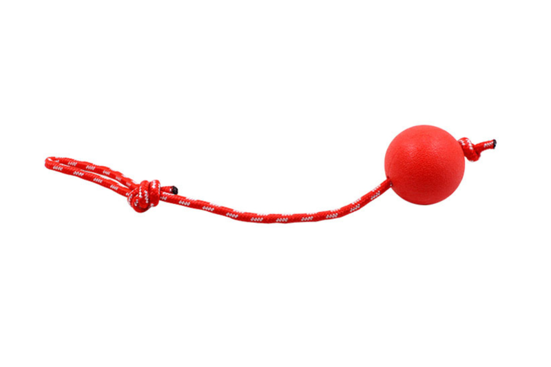 Heavy Duty Dog Toy Rubber Ball w/ Rope Throw Tug Pull Tough Chew Strong in Red