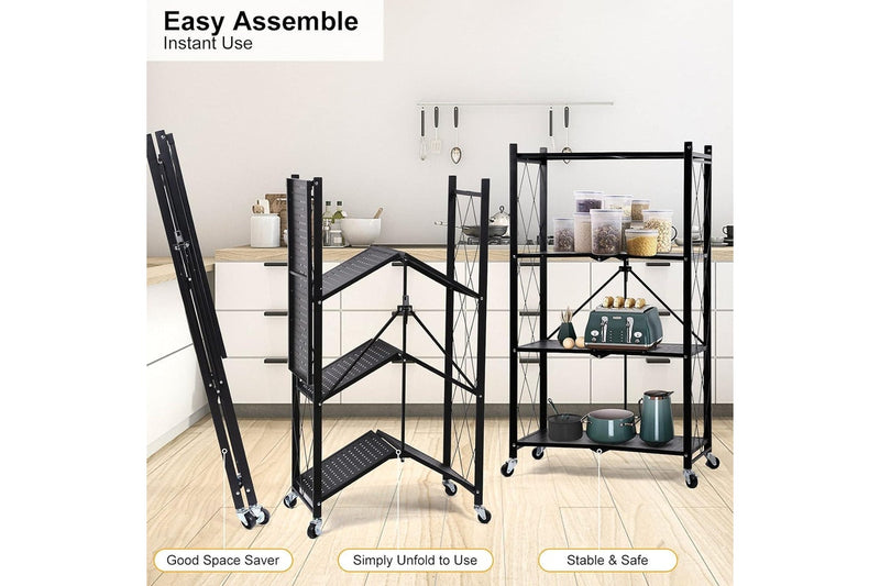 4 Tier Foldable Metal Rack Storage Shelving Unit with Wheels