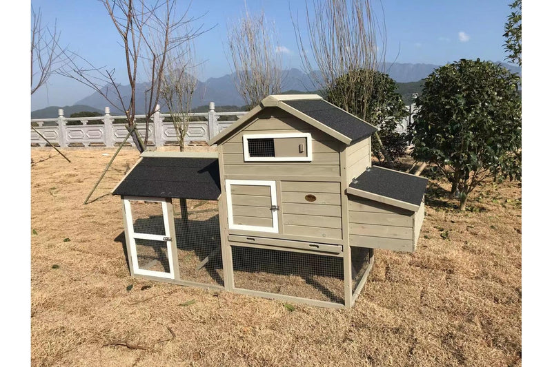 Solid Wood Large Outdoor Chicken House - Natural Grey & Black