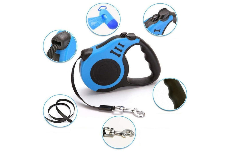 Retractable Dog Leash Extendable 5m With Folding Bowl Dispenser And Waste Bags Blue