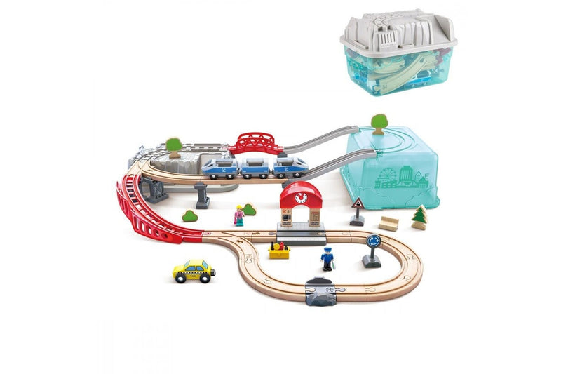 Hape City Train Bucket Set W Storage Box Kids Toddler Activity Playset Toy 3+