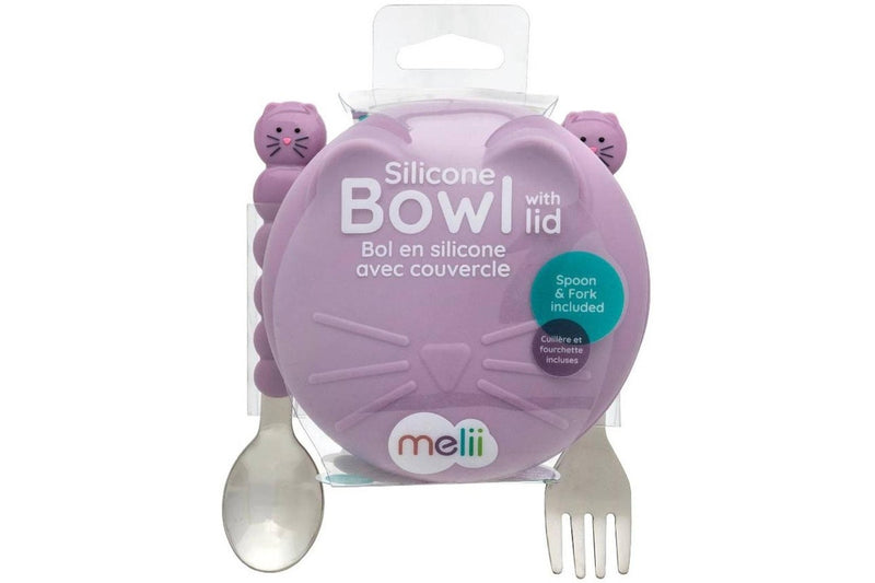 Melii: Silicone Animal Bowl with Lid & Utensils - Cat