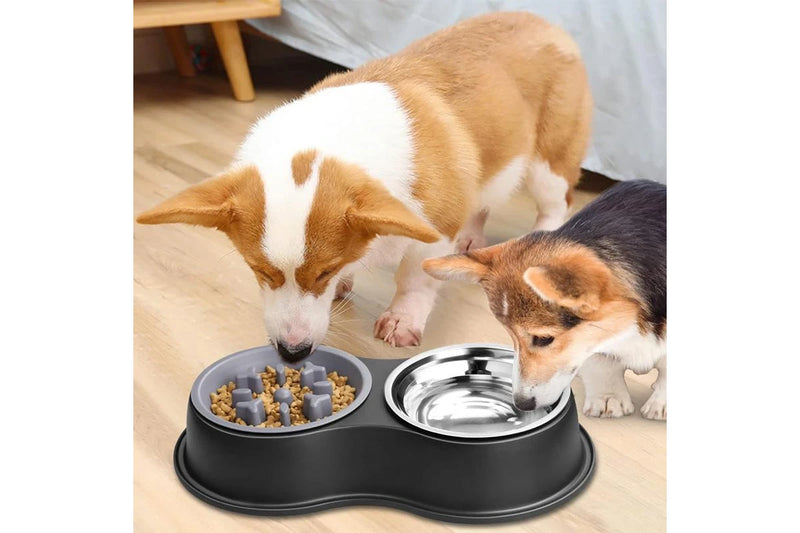 PETSWOL Dog Water and Food Bowls with Slow Feeder - Black