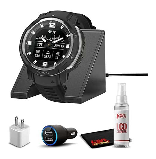 Garmin Instinct Crossover Rugged Hybrid Smartwatch Black with Watch Charging Stand, 2-Port Car Adapter, Wall-Adapter & Watch Cleaning Kit (010-02730-13)