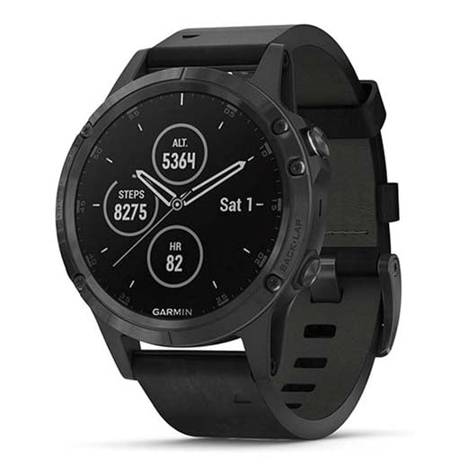 Garmin Fenix 5 Plus, Premium Multisport GPS Smartwatch, Features Color Topo Maps, Heart Rate Monitoring, Music and Contactless Payment, Black with Leather Band