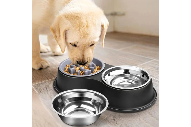 PETSWOL Dog Water and Food Bowls with Slow Feeder - Black