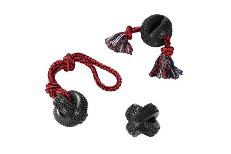 2x Paws & Claws Pet Dog 4-Way TPR 50cm Tyre Knotted Rope Tugger Toy Black Red