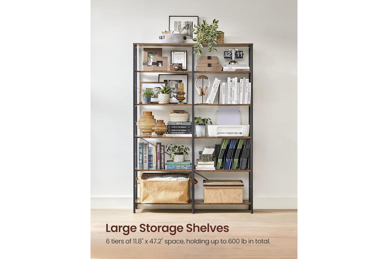 VASAGLE Large 6-Tier Tall Bookshelf - Rustic Brown & Black