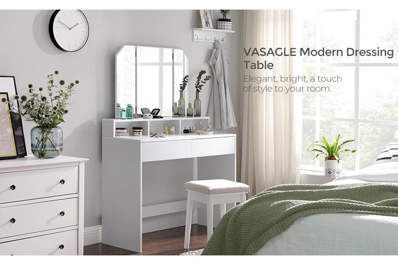 VASAGLE Dressing Table with Tri-Fold Mirror - White