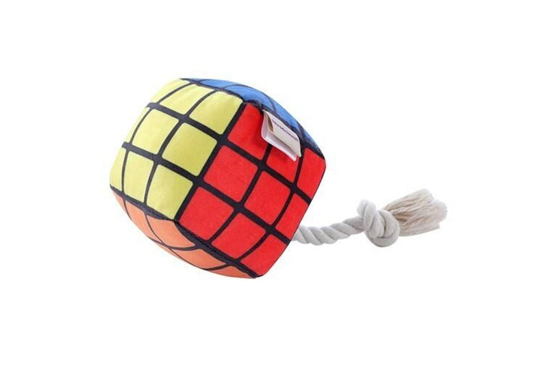 2x Pawsnclaws 11cm Magic Cube Soft Plush Pet Dog Squeaker Chew Toy w Rope Small