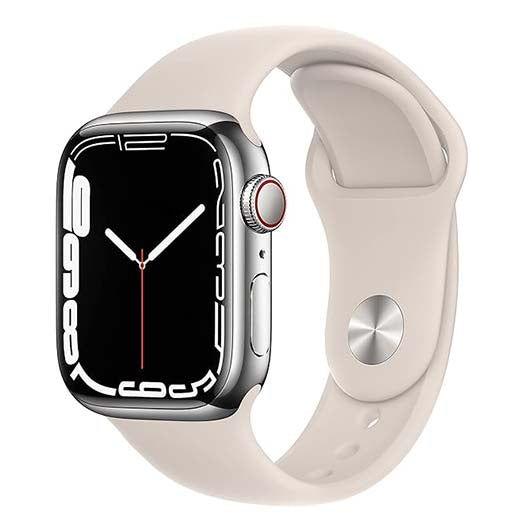 Apple Watch Series 7 [GPS + Cellular 41mm] Smart Watch w/Silver Stainless Steel Case with Starlight Sport Band. Fitness Tracker, Blood Oxygen & ECG Apps, Always-On Retina Display, Water Resistant