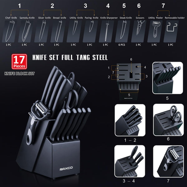 RAXCO Knife Set,Kitchen Knife Set With Block Knife Sets Dishwasher Safe, Black 17-in-1