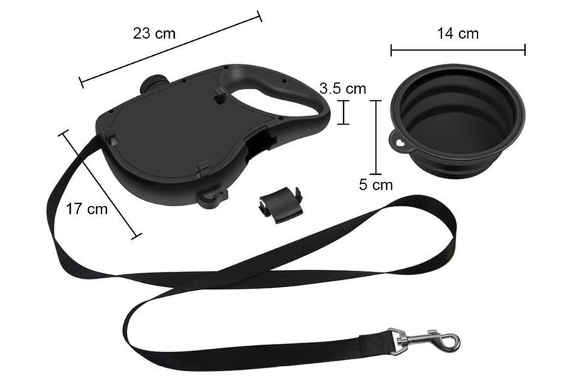 PETSWOL 3-in-1 Dog Leash with Water Bottle & Foldable Bowl - Black