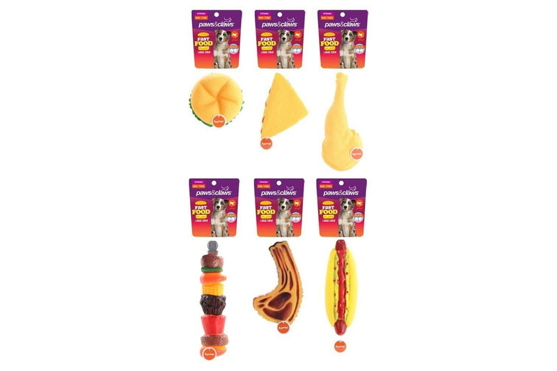 3x Paws & Claws 26cm Fast Food Large Vinyl Dog Chew Bite Toy w Clip Strip Asst.