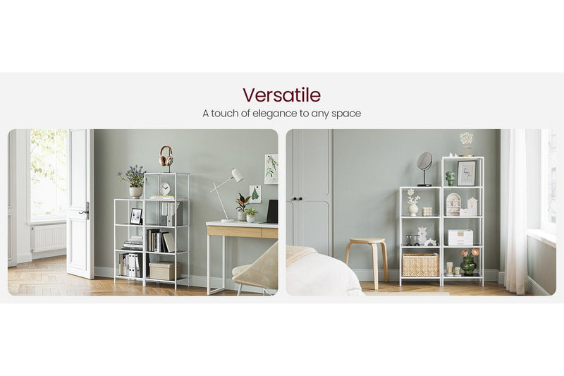 VASAGLE 4-Tier Bookshelf with Tempered Glass - Pearl White and Slate Gray