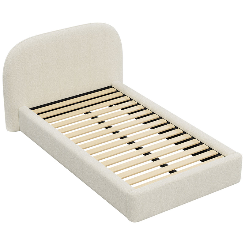 Modern King Single Bed Frame with Headboard - Boucle Pearl White