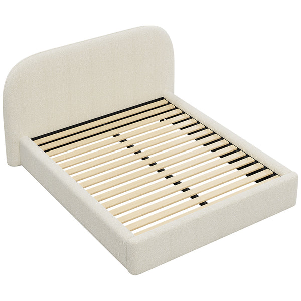 Modern Queen Bed Frame with Headboard - Boucle Pearl White
