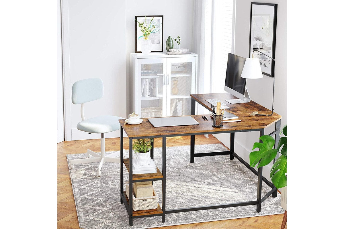 Vasagle L-Shape Computer Desk with 2 Storage Shelves - Rustic Brown