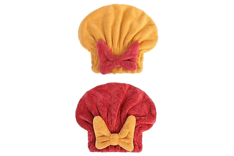 2Pcs Set Quick Absorbent Drying Hair Caps with Bow-Knot Hair Turban Wrap for Women Style 1