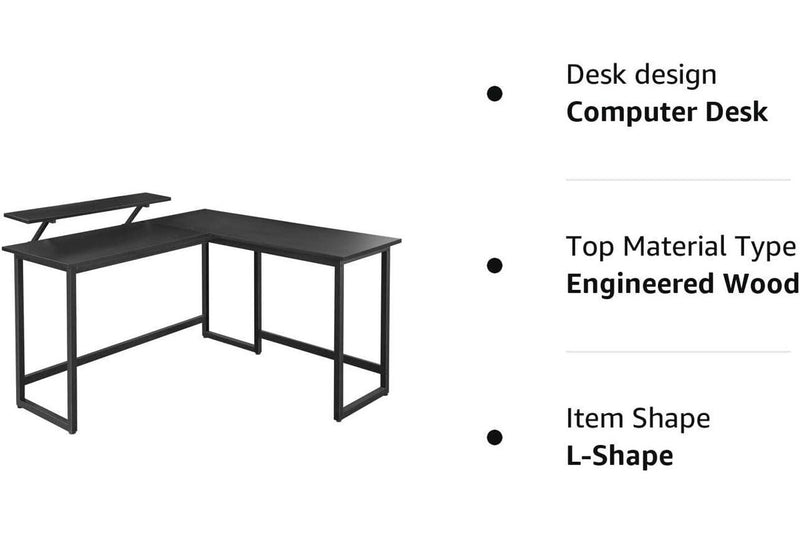 Vasagle L-Shaped Computer Desk with Monitor Stand - Black