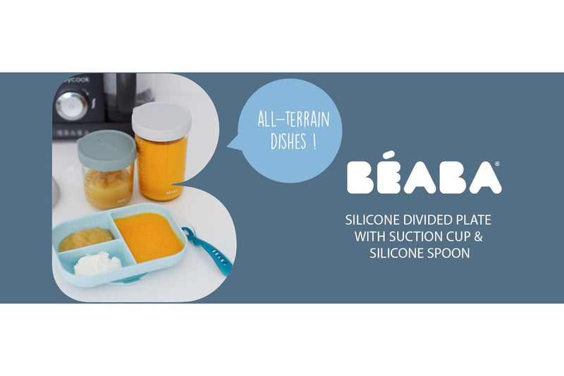 Beaba: Silicone Suction Divided Plate & Spoon - Grey