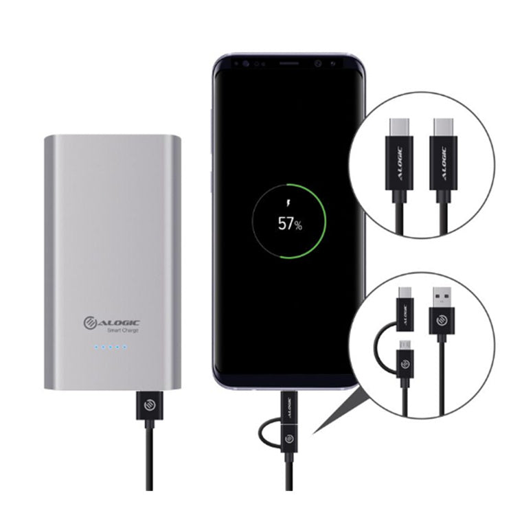 Alogic VPM2CA102SGRC2 USB-C 10200mAh Portable Power Bank - Space Grey with USB A to USB-C + USB-A & USB-C to USB-C Cables