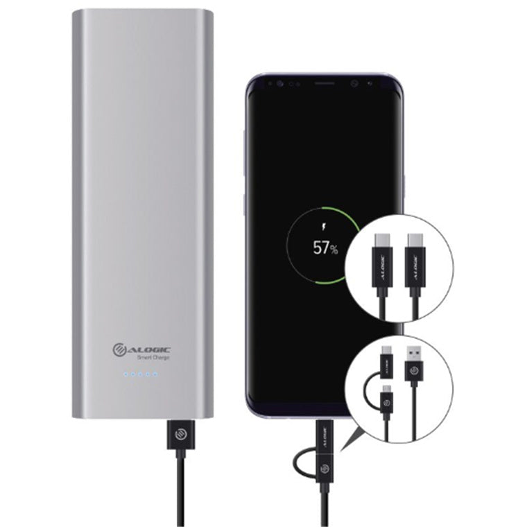 Alogic MP2CA156SGR USB-C 15200mAh Portable Power Bank - Space Grey with Power Delivery- W/ USBAtoUSB-C + Micro USB Cable & USB-C to USB-C Cables