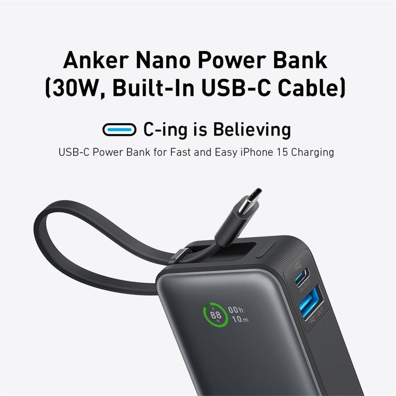 ANKER Nano 10K 30W Power Bank with Built-In USB-C Cable (Black)