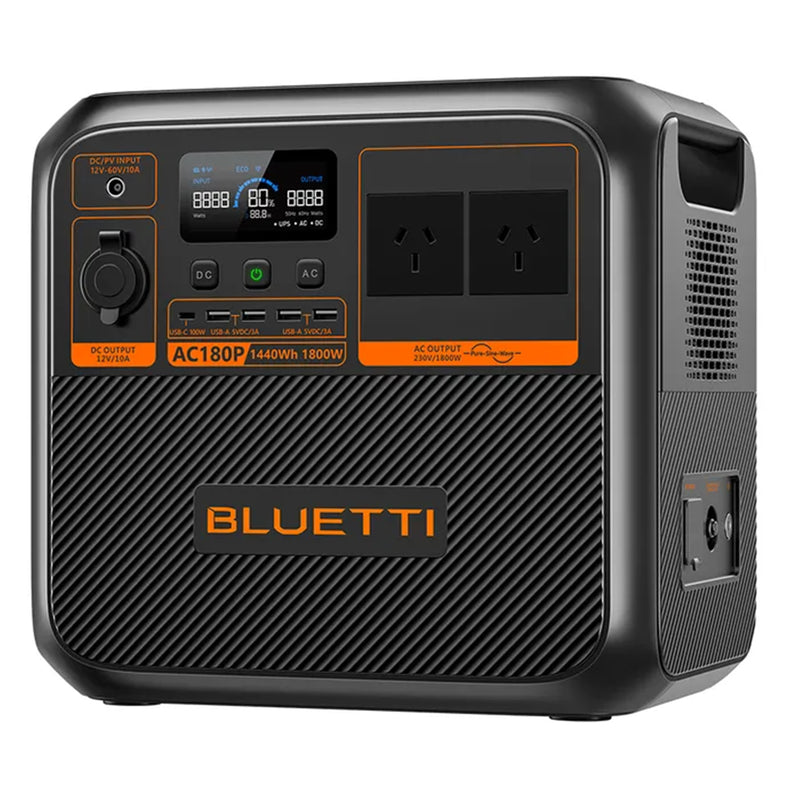 Bluetti AC180P HOME & PORTABLE POWER STATION Capacity 1440WH AC Output 1800W, Surge (2700W) 1* USB-C 100W, 4* USB-A Port, 15w Wirless charging, 500W Solar Input