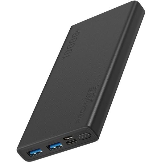 Promate BOLT-10.BLK 10000mAh Smart Charging Power Bank with Dual USB Output - USB-C & Micro-USB Inputs - Compatible with All Smart Phones & Tablets - Automatic Voltage Regulation - Black Colour