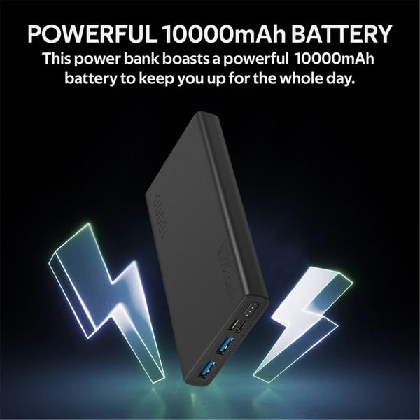 Promate BOLT-10.BLK 10000mAh Smart Charging Power Bank with Dual USB Output - USB-C & Micro-USB Inputs - Compatible with All Smart Phones & Tablets - Automatic Voltage Regulation - Black Colour