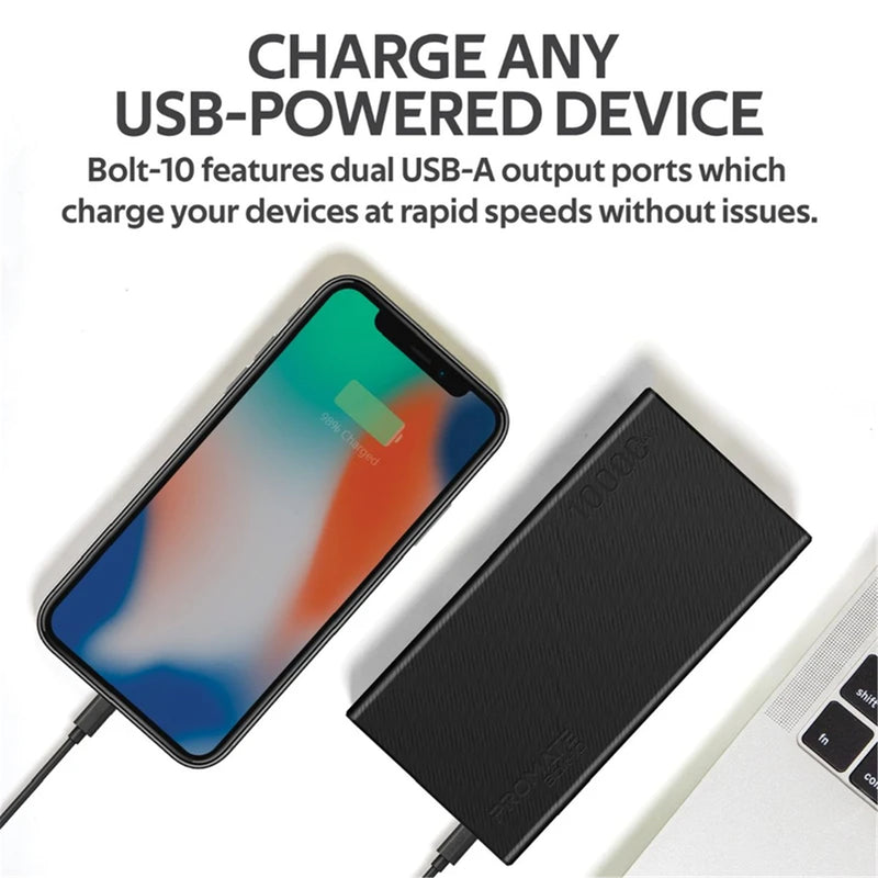 Promate BOLT-10.BLK 10000mAh Smart Charging Power Bank with Dual USB Output - USB-C & Micro-USB Inputs - Compatible with All Smart Phones & Tablets - Automatic Voltage Regulation - Black Colour