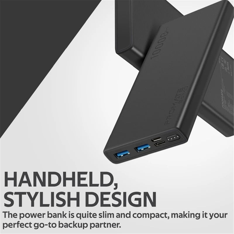 Promate BOLT-10.BLK 10000mAh Smart Charging Power Bank with Dual USB Output - USB-C & Micro-USB Inputs - Compatible with All Smart Phones & Tablets - Automatic Voltage Regulation - Black Colour