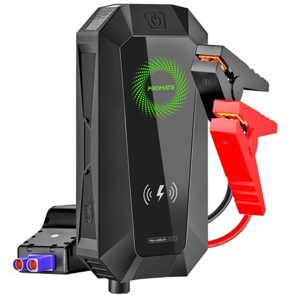 Promate HEXABOLT-20 19000mAh Jump Starter Power Bank - 1500A/12V Peak Current - Dual Port, LED Flashlight, Wireless Charger and Safety Hammer - Smart Clamps for Short Circuit Protection LED Indicators