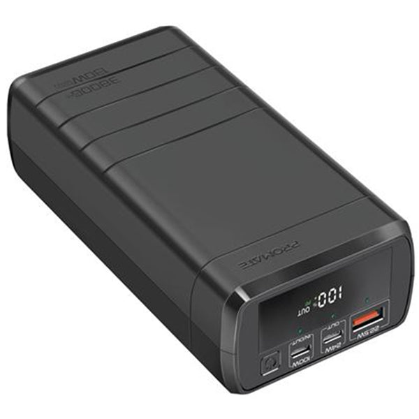 Promate POWERMINE-130 38000mAh Lithium Quick Charge Power Bank with USB-C Input - Charge up to 3 Devices via USB-C1, USB-A and USB-C2 Output Ports - 100W Power Delivery, Qualcomm Quick Charge 3.0 - Black